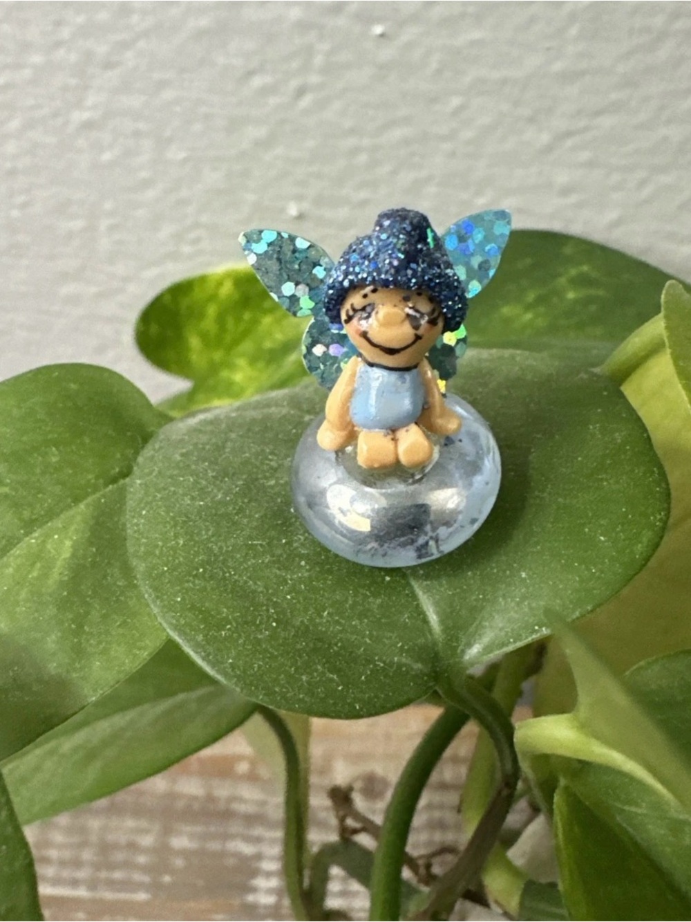 Fairy Glittery Pixie Miniature On A Blue Dew Drop Ornament Hand-Painted